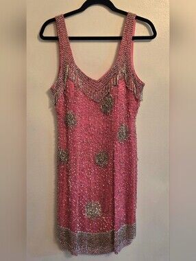 Alyce Designs Vintage Ornate Pink Handbeaded Silk Midi Dress